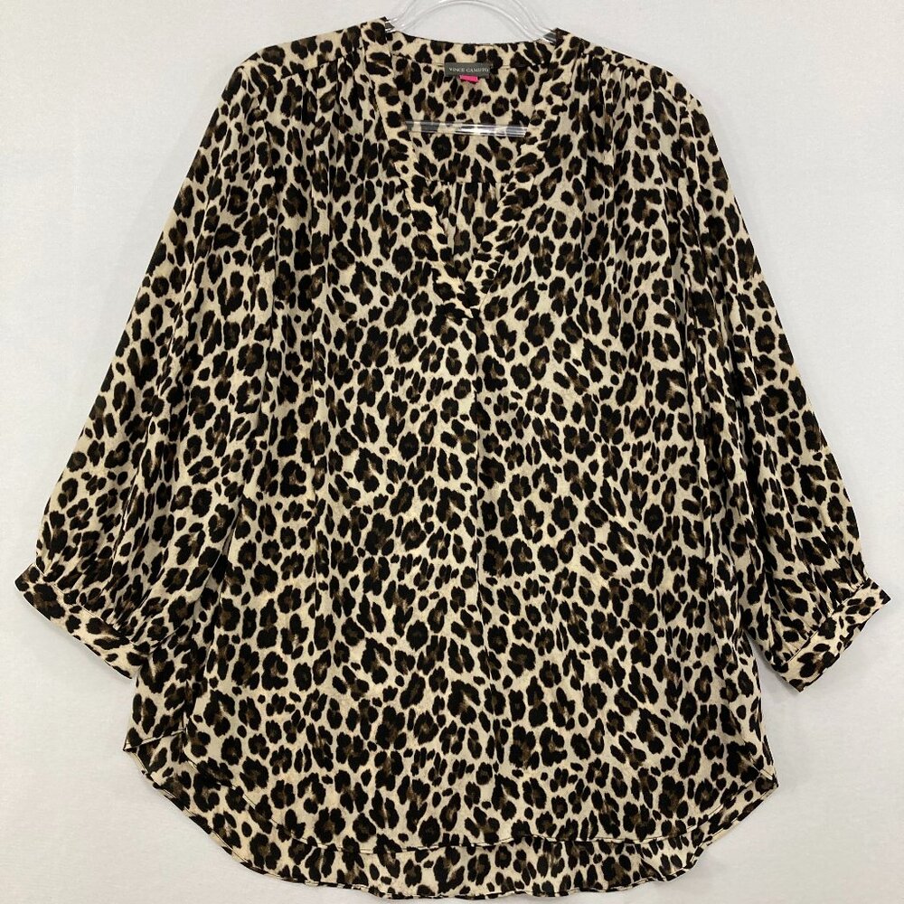 Vince Camuto size 1X Black Brown Leopard Print‎ Soft Relax V neck Popover Blouse